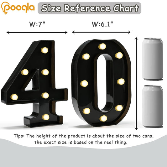 Pooqla Decorative Led Light Up Number Letters, Black Plastic Marquee Number Lights Sign for 40th Birthday Party Wedding Decor Battery Operated Black Number 40