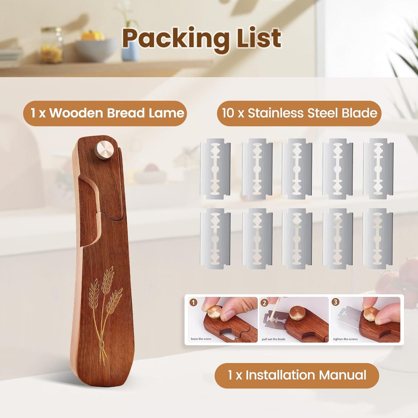 Skiennix Wooden Bread Lame - Handcrafted Sourdough Scoring Tool with Screw Lock & 10 Razor Blades | Reddish Brown