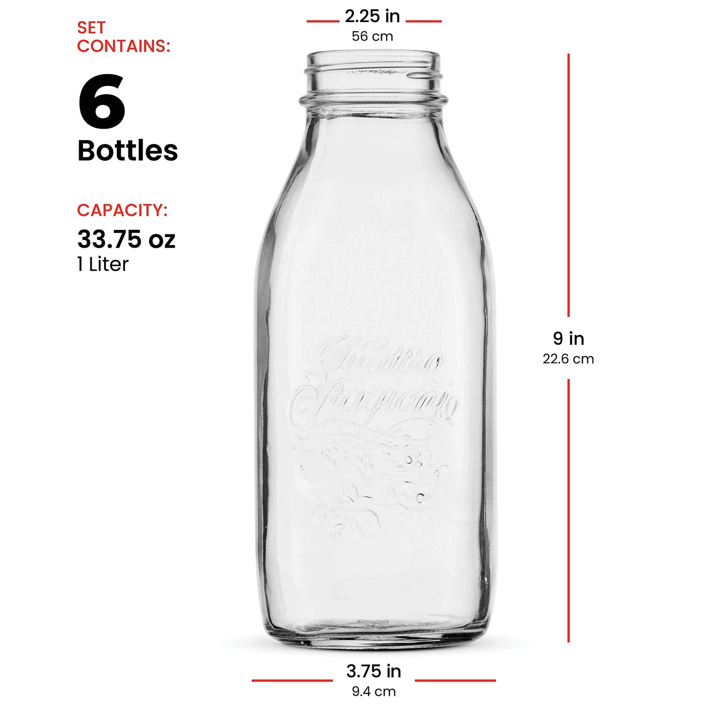 Bormioli Rocco Quattro Stagioni Glass Milk Bottle 33.75 Ounce/1 Liter with Airtight Lid, Great For Kombucha Brewing Bottle, Beer, Homemade Juicing, Smoothies, Beverages, Durable Construction. (6 Pack)