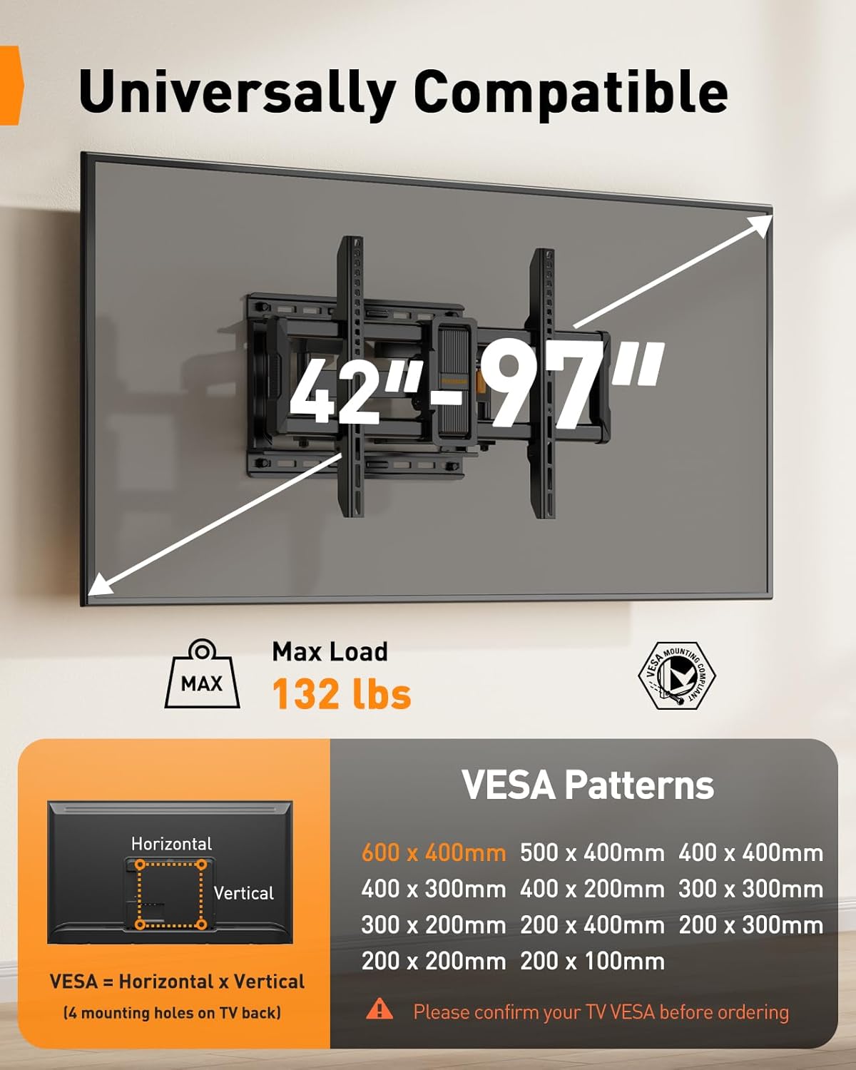Perlegear Full Motion TV Wall Mount - Fits 42-97 Inch TVs Up to 132 lbs | Tool-Free Tilt & Swivel