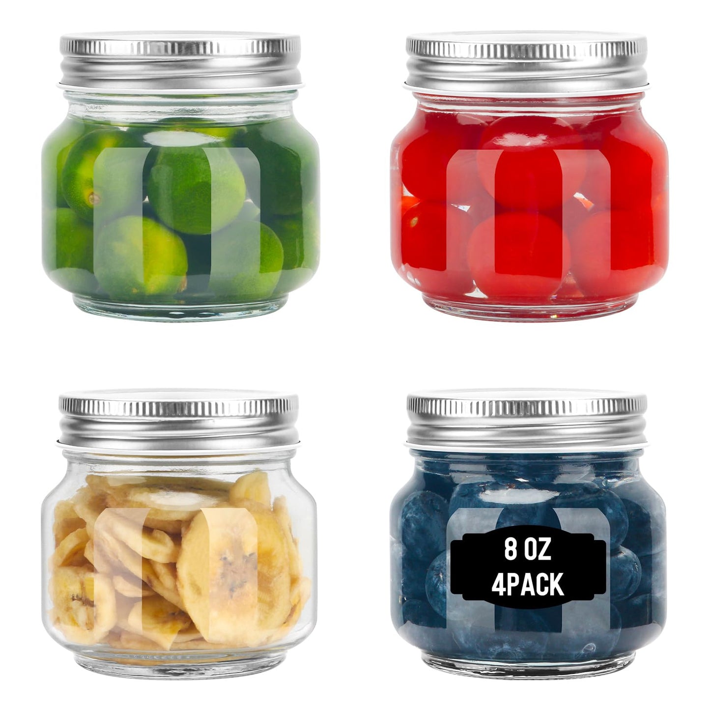 ODDMUCK Glass Mason Jars, 4 Pack 8oz Clear Small Canning Jars with Lids for Sealing, Ideal for Food Storage, Snacks, Candies, Jam, Honey, Wedding Favors, Premium Spices & Bathroom Vanity Decor