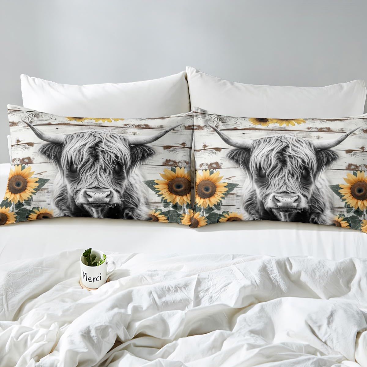 Highland Cow Bedding Set Kids Farm Highland Cattle Comforter Cover Set for Girls Women Sunflower Farmhouse Style Duvet Cover King Size Breathable Wood Grain Bedspread Cover Room Decor Quilt Cover