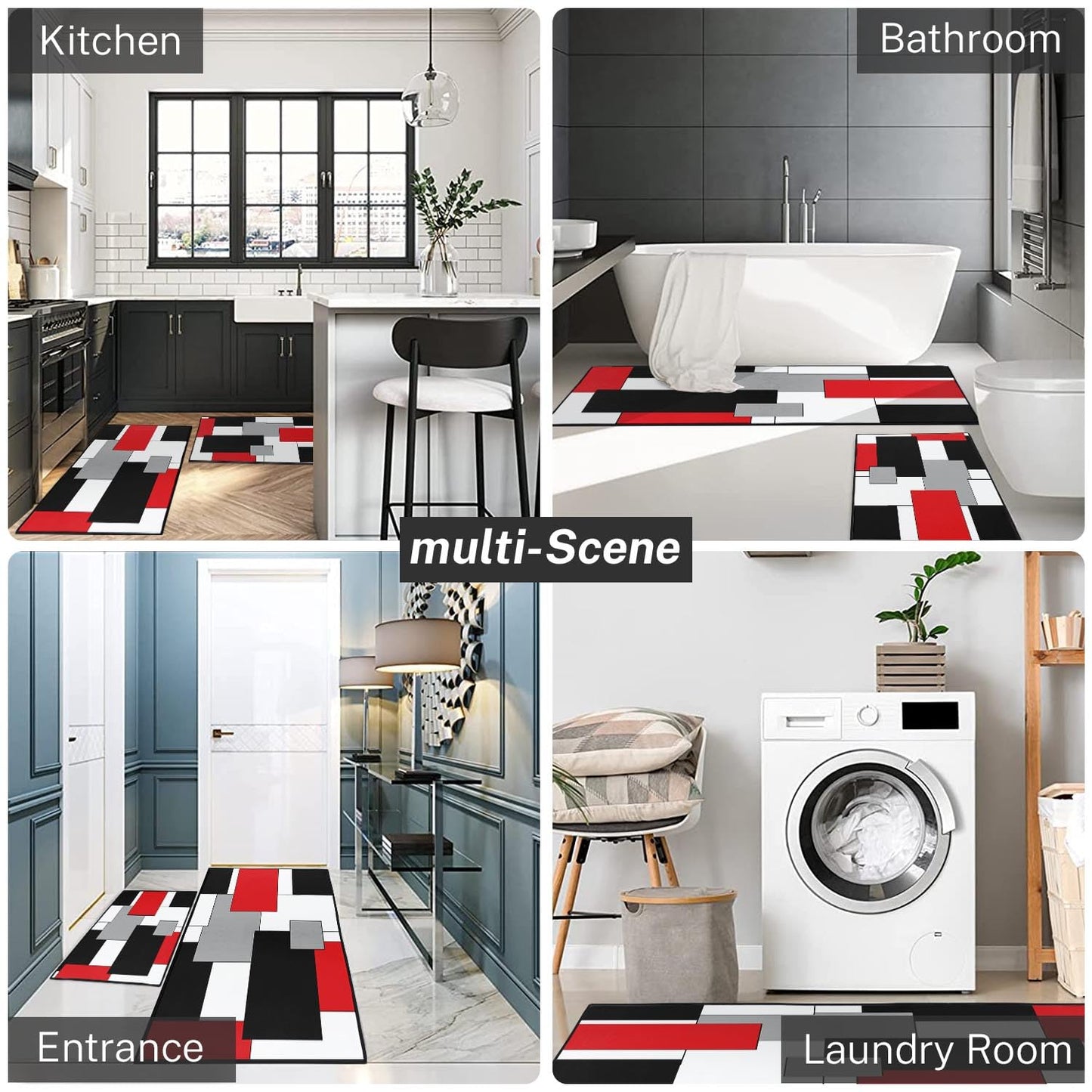 Tayney Red Geometric Kitchen Rugs and Mats Non Skid Washable Set of 2, Checked Black Grey Mats for Floor, Rustic Minimalist Runner Rug, Modern Abstract Kitchen Decor