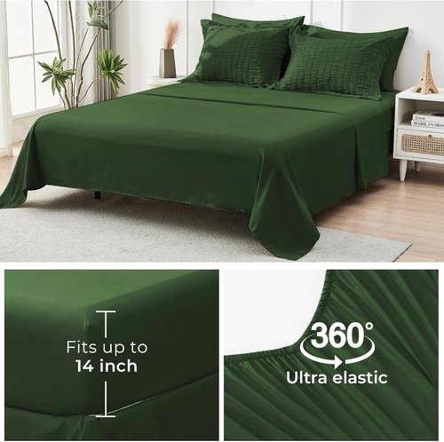 HYMOKEGE Queen Comforter Set - Dark Green Seersucker 7-Piece Luxury Bedding Set for All Seasons