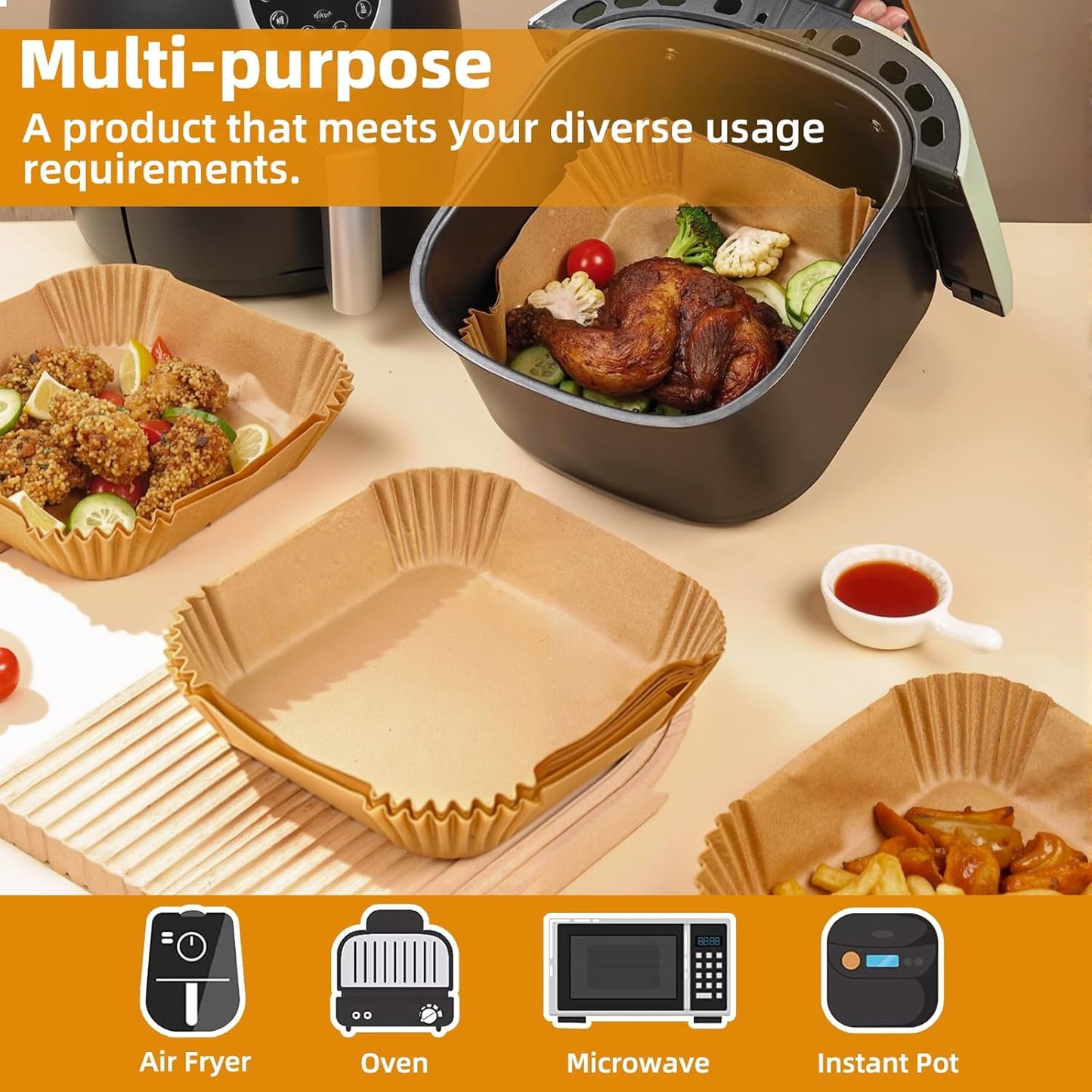 Ninja Air Fryer Paper Liners - Thickened Disposable Square Liners for 4-6 Qt Air Fryers | 8.3" Top Size