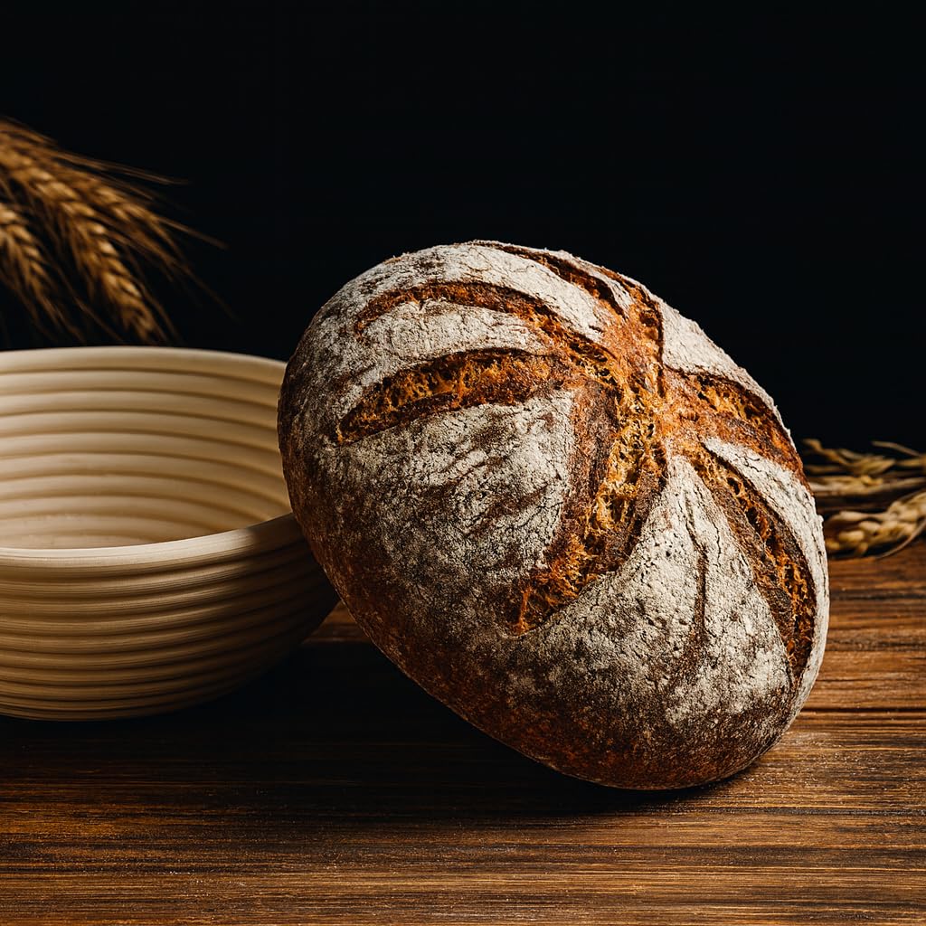 Saint Germain Bakery Round Banneton Proofing Basket and Bread Lame Set – 9 Inch Natural Rattan Bread Basket with Liner, 10 Blades & Leather Cover – Sourdough Baking Kit Gift for Beginners and Bakers