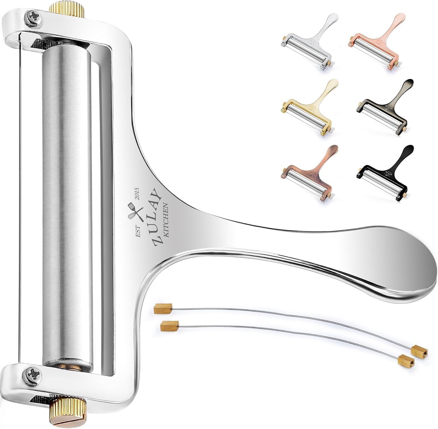 Zulay Kitchen Stainless Steel Cheese Slicer - Adjustable Handheld Cutter with 2 Extra Wires | Premium Shaver for Mozzarella, Cheddar, Gruyere - Silver