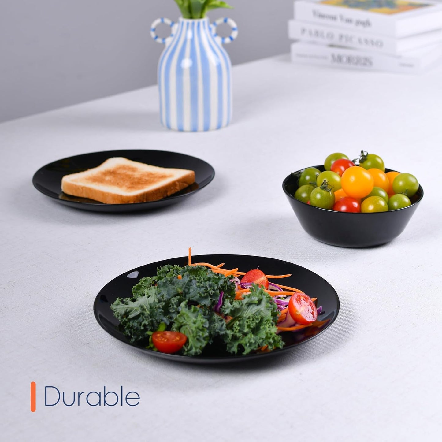 LaGlint 8.5-Inch Salad Plate Set of 6 | Lightweight Opal Glass Black Plates | Dishwasher & Microwave Safe