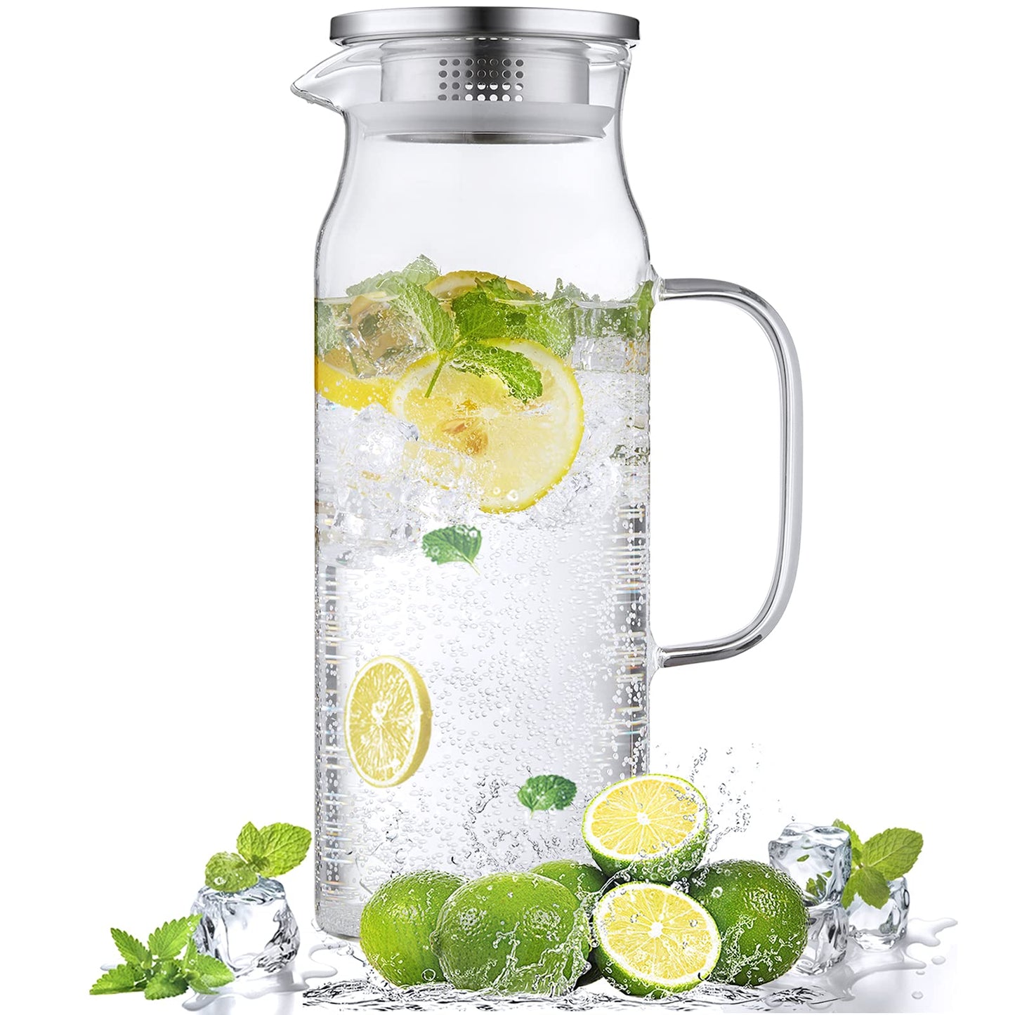 Bivvclaz 1.6 Liter 54 oz Glass Pitcher with Lid and Handle, Glass Carafe Water Pitcher for Hot/Cold Water, Iced Tea, Drinks, Coffee, Juice and Homemade Beverage
