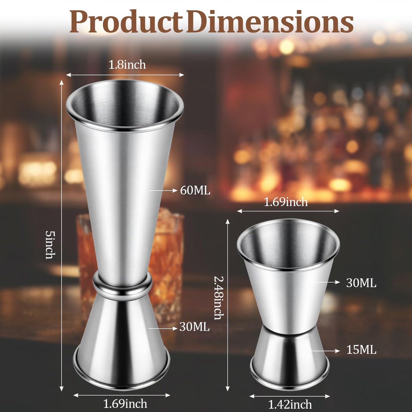 2-Pack Cocktail Jiggers Set, Japanese Premium 304 Stainless Steel Jigger for Bartending, Professional Double-Sided Bar Jigger Tools (0.5oz/1oz + 1oz/2oz)