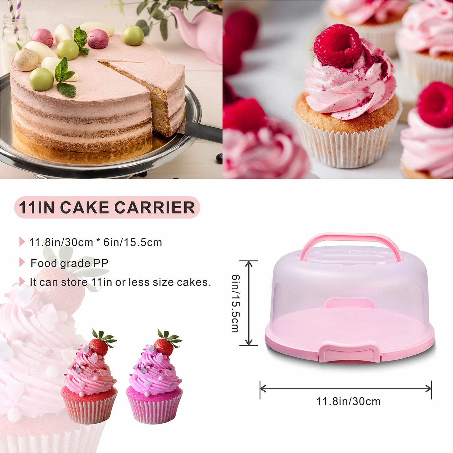 SETLUX 10in Plastic Cake Carrier with Handle, Round Cake Holder with Lid Pink Cake Container for 6in/8in/10in Cake(white)
