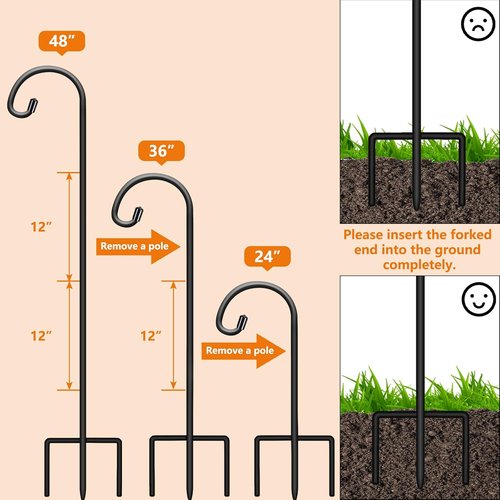 Gtongoko 48-Inch Shepherd's Hooks - Adjustable Garden Hooks for Hanging Plants & Lanterns | Matte Black, 4-Pack