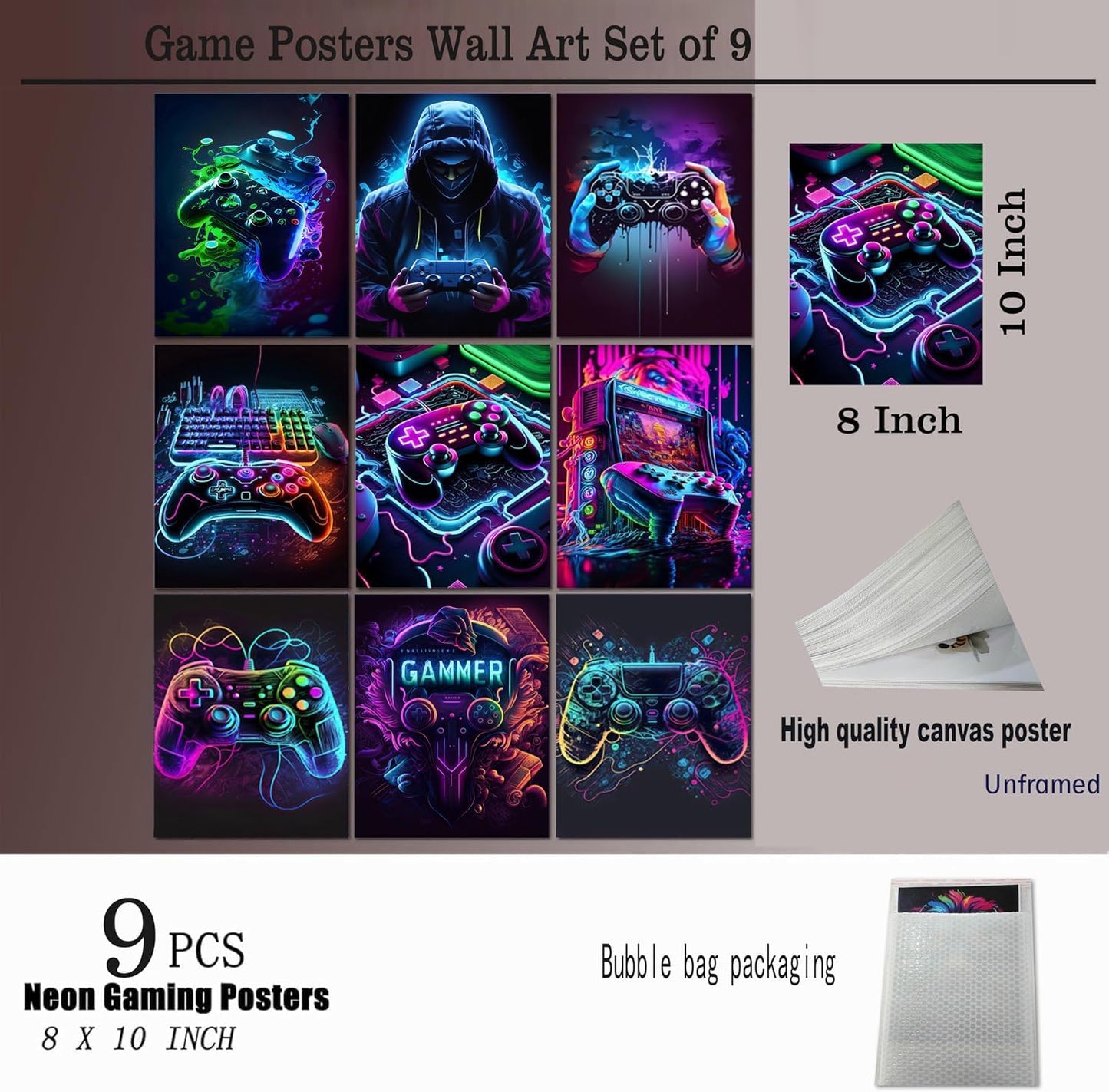 Ucninvd Game Posters - Neon Gaming Wall Art Set of 9 | Unframed 8x10" Canvas Prints for Gamer Room Decor