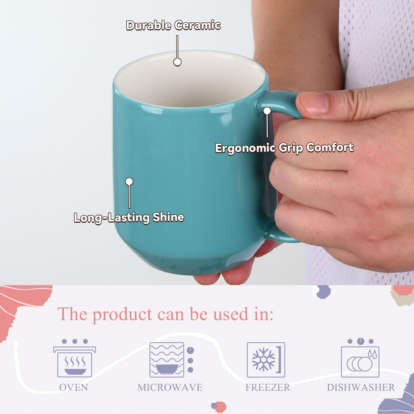 Miicol Ceramic Coffee Mug, 16 oz Large Coffee Cup, Tea Mug with Handle, Flat Bottom Mug for Men, Women, Office, Microwave and Dishwasher Safe, Multi-Color, Mint Blue