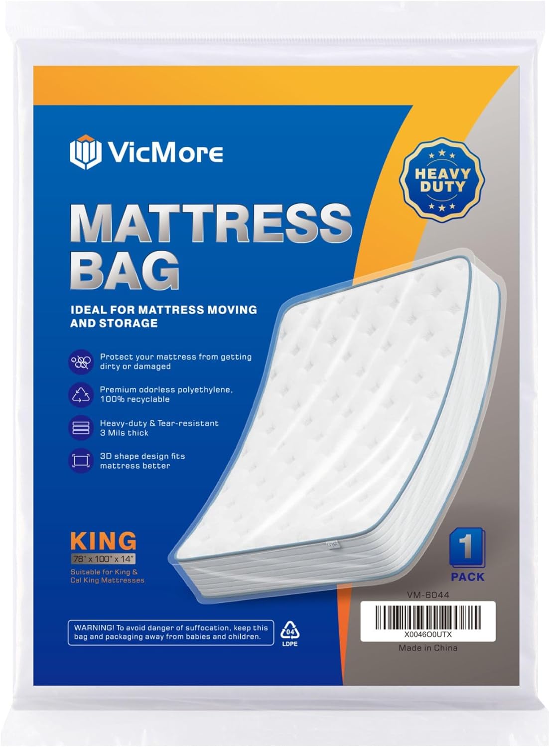 VICMORE Heavy-Duty Mattress Bag - Tear-Resistant Protector for King/Cal King Size | Transparent & Easy Fit