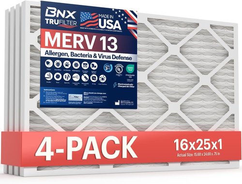 BNX TruFilter 16x25x1 MERV 13 Air Filters (4-Pack) - Electrostatic Pleated for Allergies & Dust