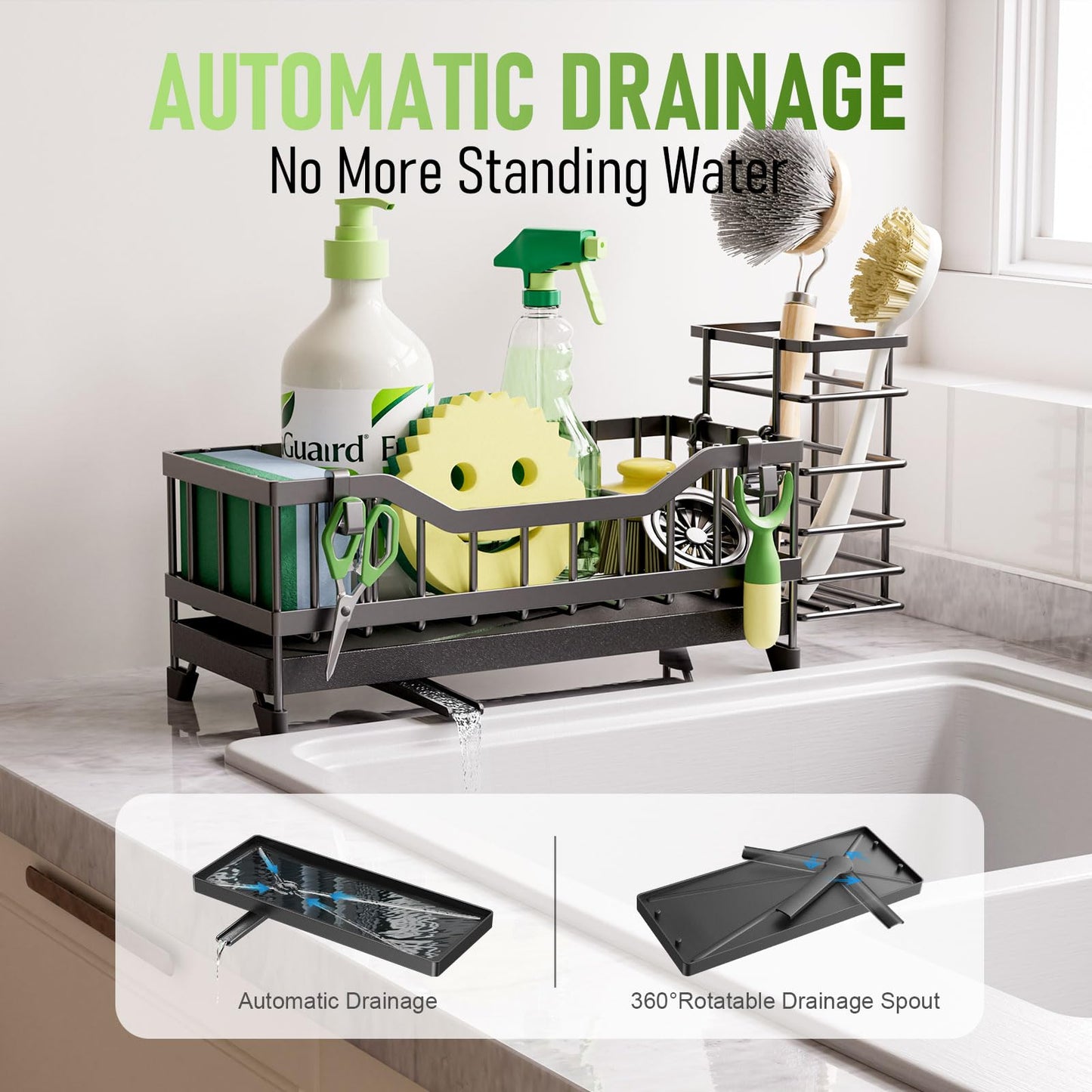 Mirtan Sponge Holder for Kitchen Sink, Kitchen Sink Caddy with Long-Handled Dish Brushes Holder, 304 Rustproof Stainless Steel Countertop Organizers and Storage, Home Kitchen Sink Accessories (Black)