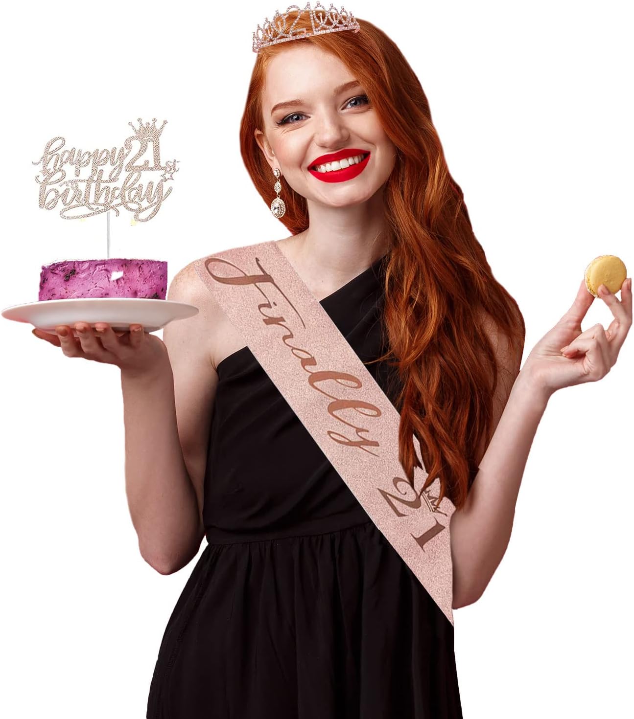 Trgowaul 21st Birthday Decorations - Rose Gold Banner, Sash, Crown & Cake Topper Set | Pink Balloons