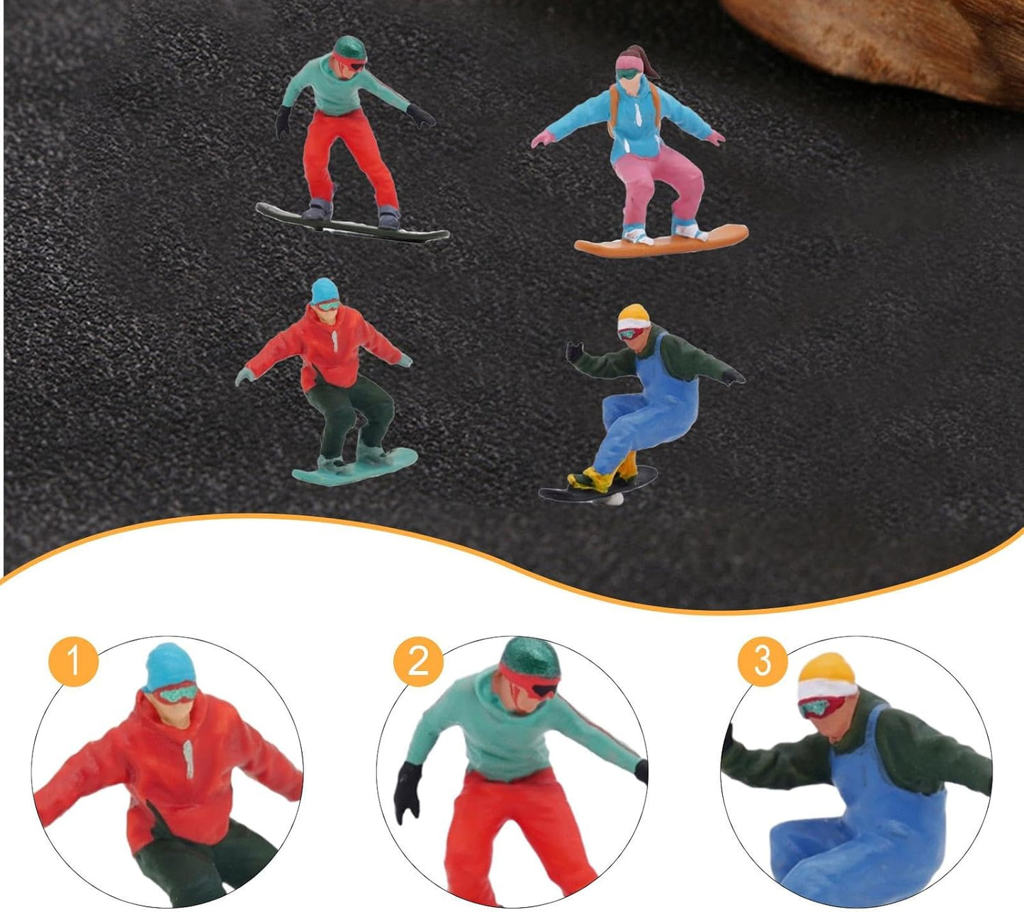 Menolana Miniature Skier Figurines - 4Pcs 1/64 Scale Snowboarding Models for Dollhouse Decor