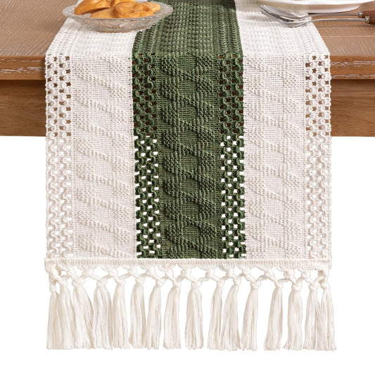 Socomi Boho Table Runner Summer Farmhouse Rustic Dining Kitchen Centerpiece Decor Small Macrame Woven Cotton Linen Coffee Table Runner for Dresser Scarf Home Decor 12x108 inch Olive Green