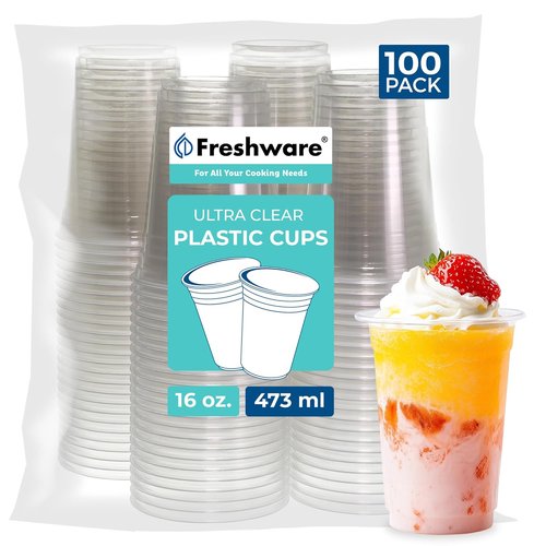 Freshware 16 oz Clear Disposable Plastic Cups - Heavy-Duty Tumblers for Parties | 100 Count Pack