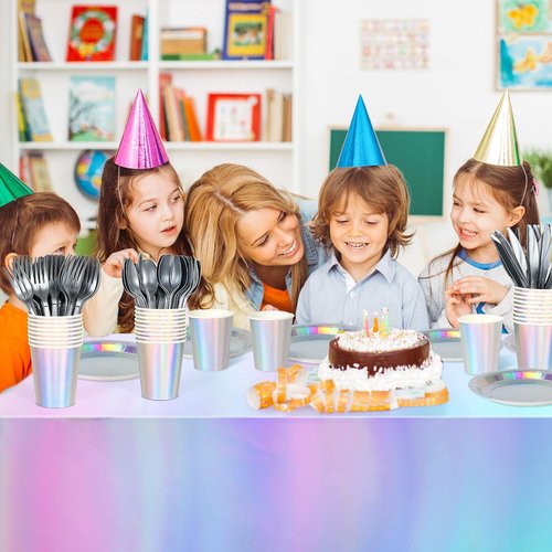 Iridescent Party Decorations,132 Pcs Disposable Iridescent Party Plates Cups Knives Spoons Forks for Party Supplies Birthday Wedding Outdoor Picnic,Disposable Plastic Tablecloths for Home Dinner Decor