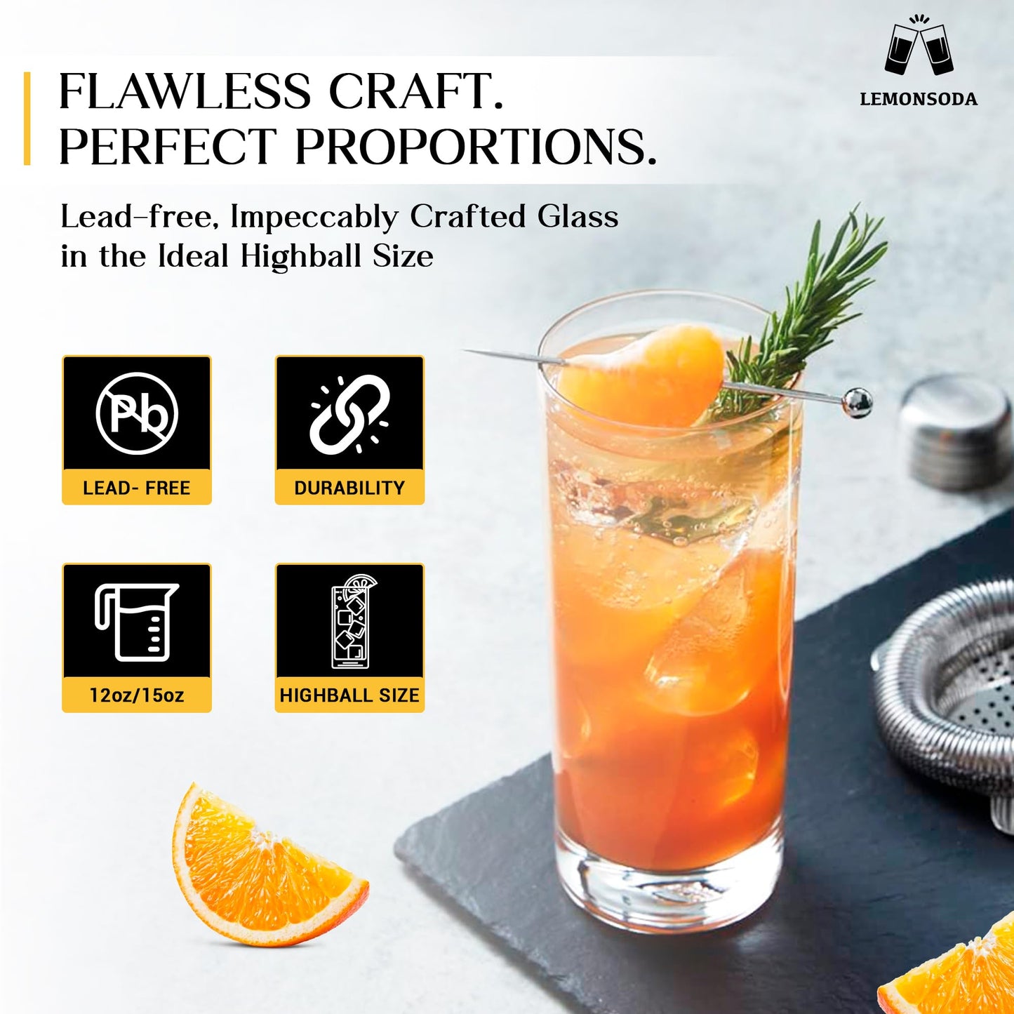 LEMONSODA Premium Highball 12oz/15oz Glass Sets - Elegant Tom Collins Glasses - Tall Water Drinking Glasses - Bar Glassware for Mojito, Whiskey, Cocktail (15oz, Set of 6)