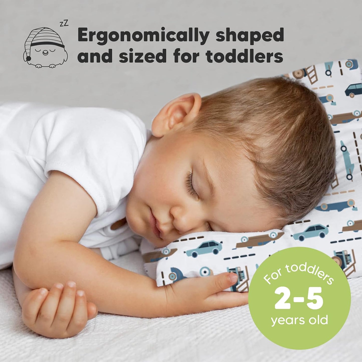 My Little Dreamy Toddler Pillow - Organic Cotton Travel Bed Pillow with Soft Pillowcase | 13x18, Machine Washable, Ideal for Ages 2-5 (Vroom)