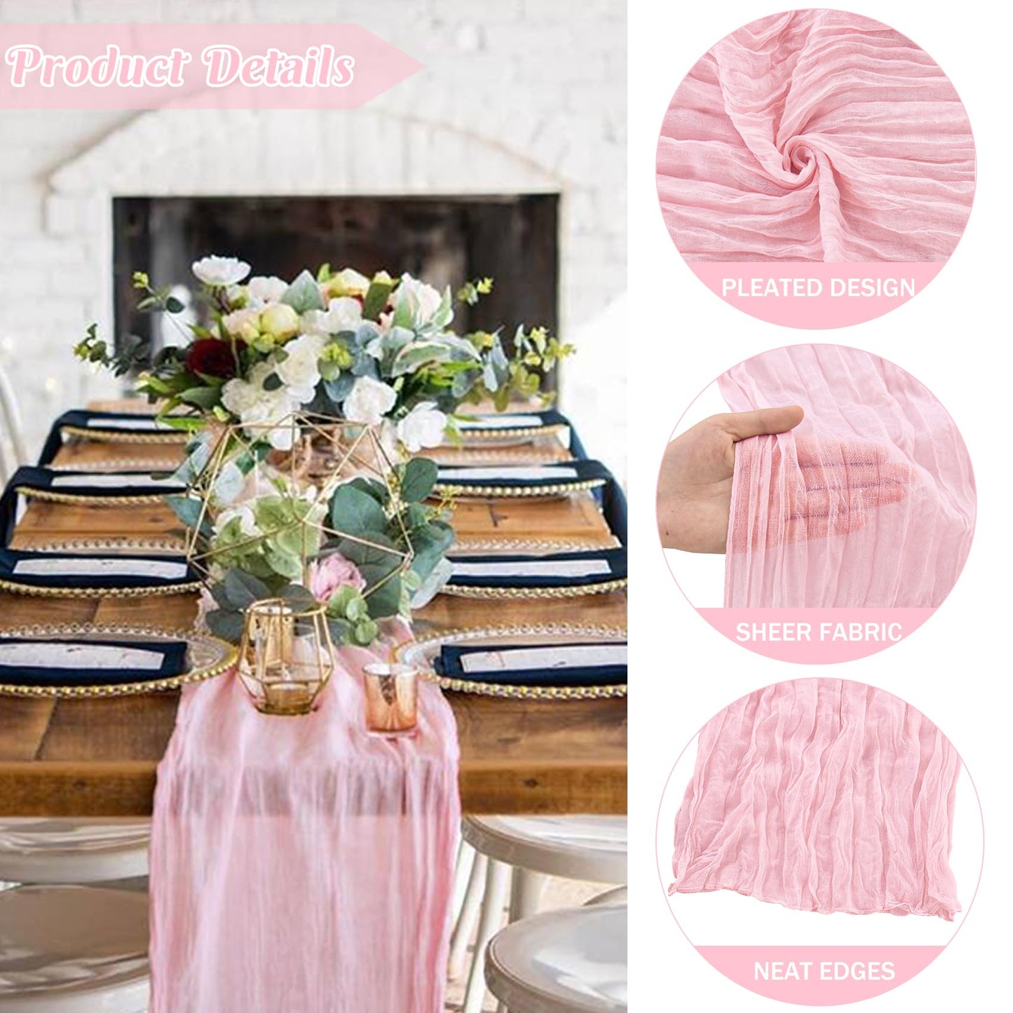 6 Pieces Pink Easter Spring 10FT Cheesecloth Table Runner Boho Gauze Fabric Table Runner Rustic Sheer Runner for Wedding Birthday Baby Shower Party Boho Table Decoration（Pink）