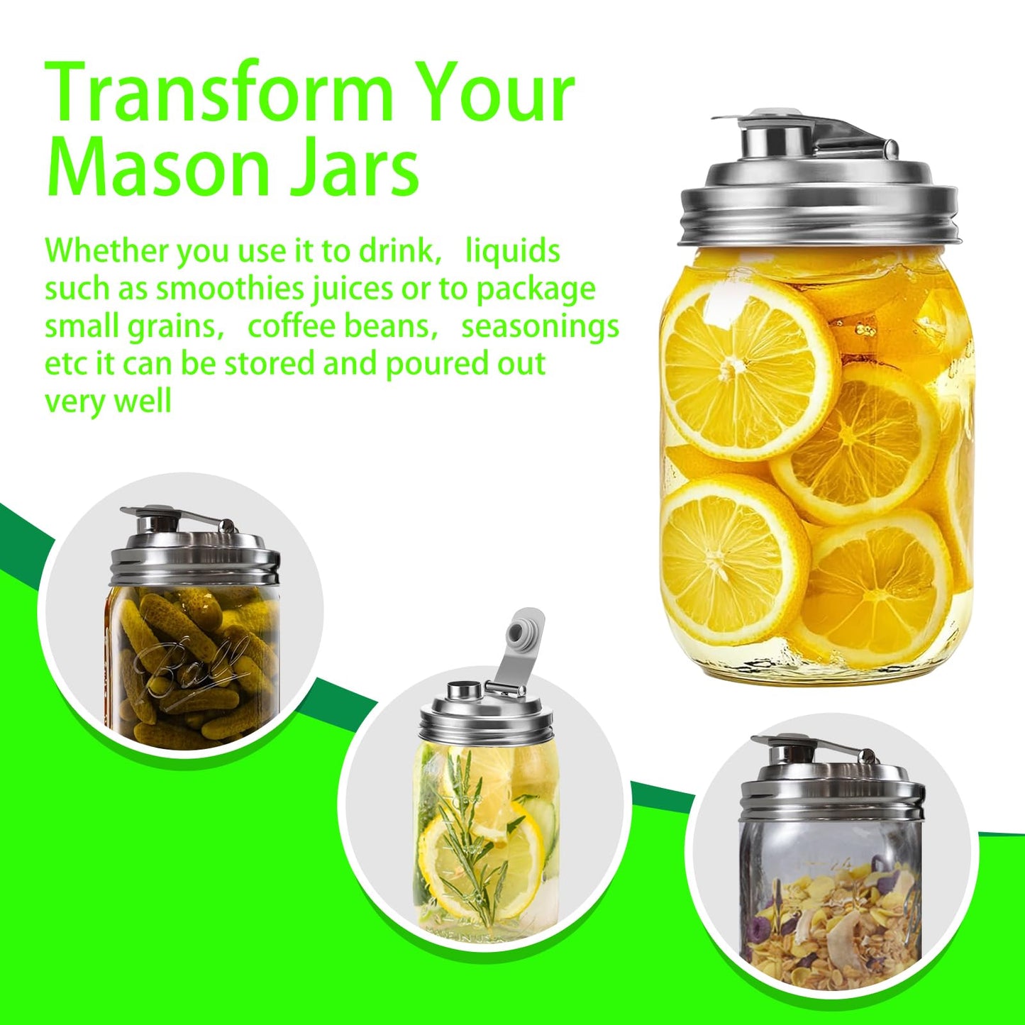 Mason Jar Wide Mouth Lid Stainless Steel Pour Spout Flip Cap,2 Pack Mason Jar Anticracking Pitcher Rust Leak Proof Seal Cover for Home Brewing Fruit Fermenting Drinks Salad (Wide Mouth)