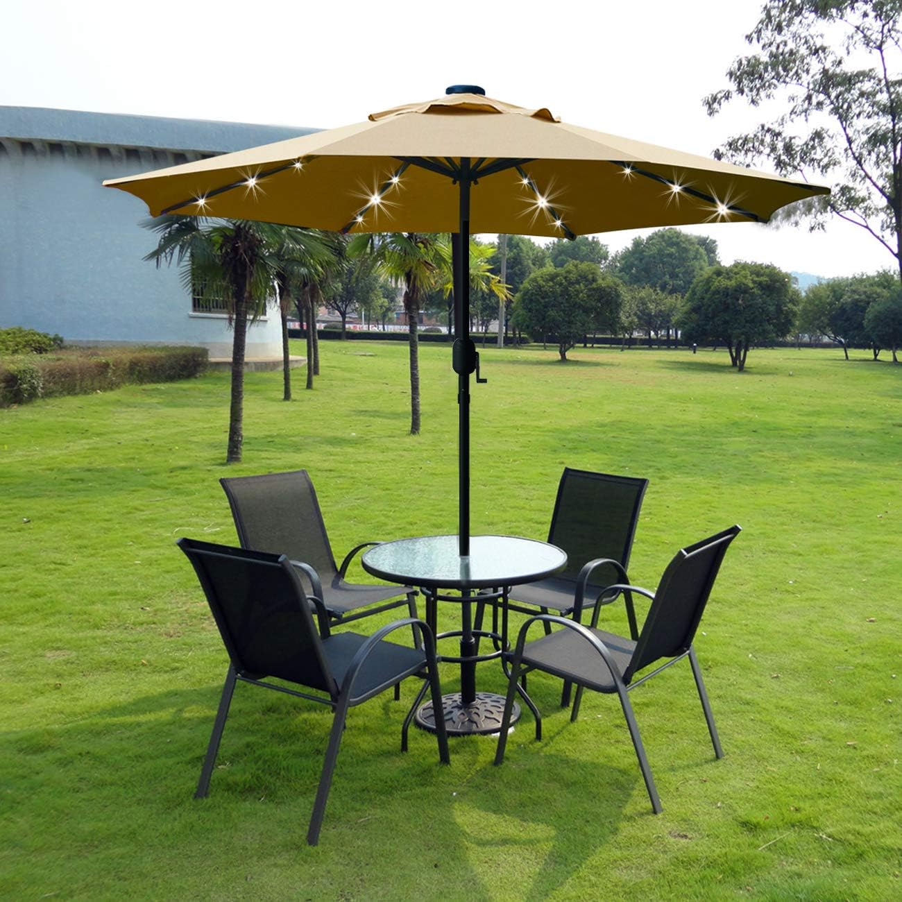 Sunnyglade 9' Solar LED Lighted Patio Umbrella - Tilt Adjustment & Crank Lift System | Light Tan