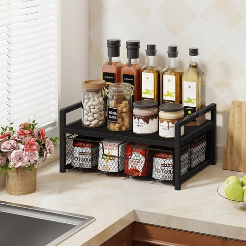 Homode Wood Tea Bag Organizer, Teabag Holder with Drawer, Tea Organizers and Storage Box, 8 Compartments Tea Caddy Station Chests Display Container for Counter Kitchen, Black