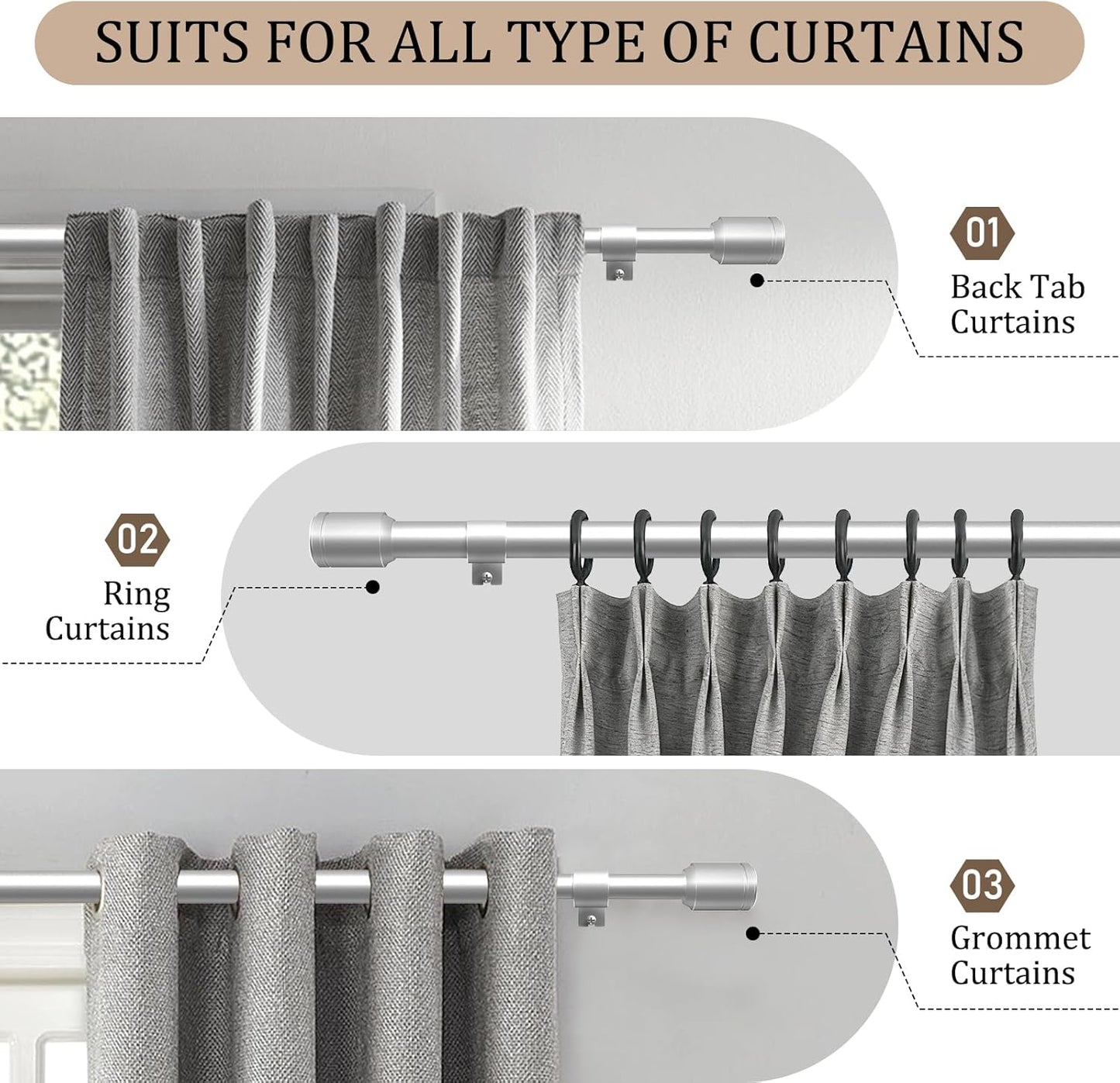 Skiennix 1” Diameter Silver Curtain Rods - Heavy Duty Adjustable Window Treatment, 30-120 Inch, Ideal for Bedroom & Living Room