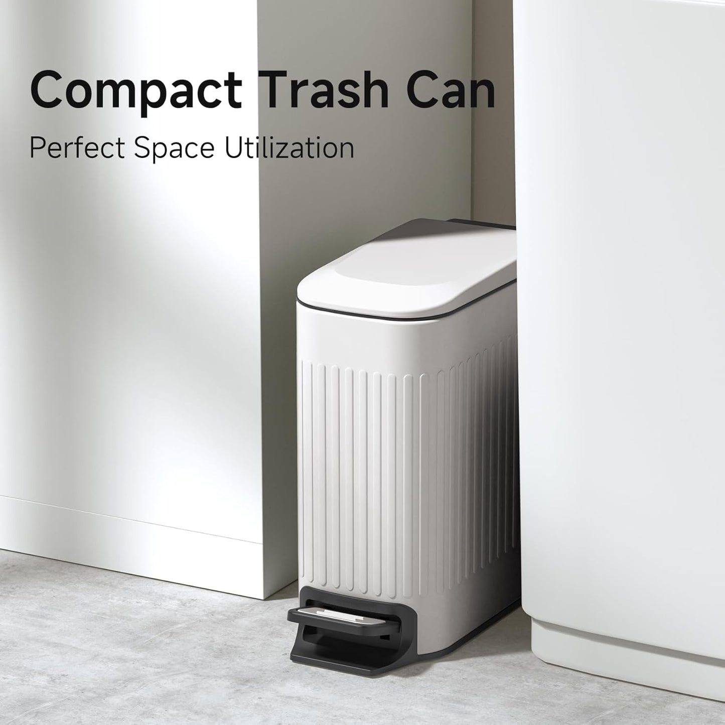 TIPGO Slim Bathroom Trash Can - Soft Close Lid & Step Pedal | 6L Stainless Steel Bin for Bedroom, Office, Kitchen (White)