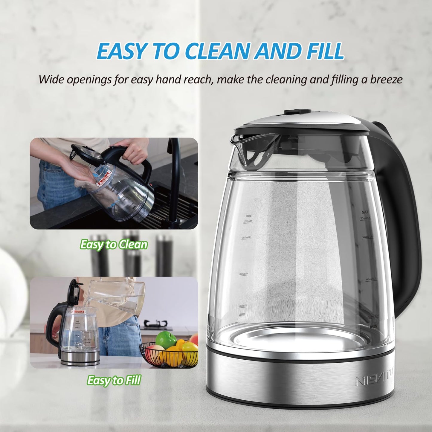 NISVITU Glass & Stainless Steel Cordless Electric kettle for boiling water, Hot water boiler Electric Tea Kettle automatic shut off Boil-Dry Protection, PC Outer + Glass Inner, 1500W, 1.7L, BK