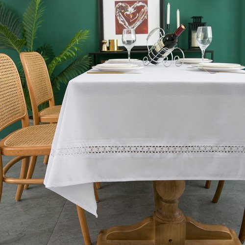 EHouseHome Heavy Duty Fabric Tablecloth with White Lace-Waterproof/Wrinkle Free/Stain Resistant/Oil Proof-for Dining,Indoor&Outdoor,Wedding,Holiday,White,Rectangle 60x84Inch