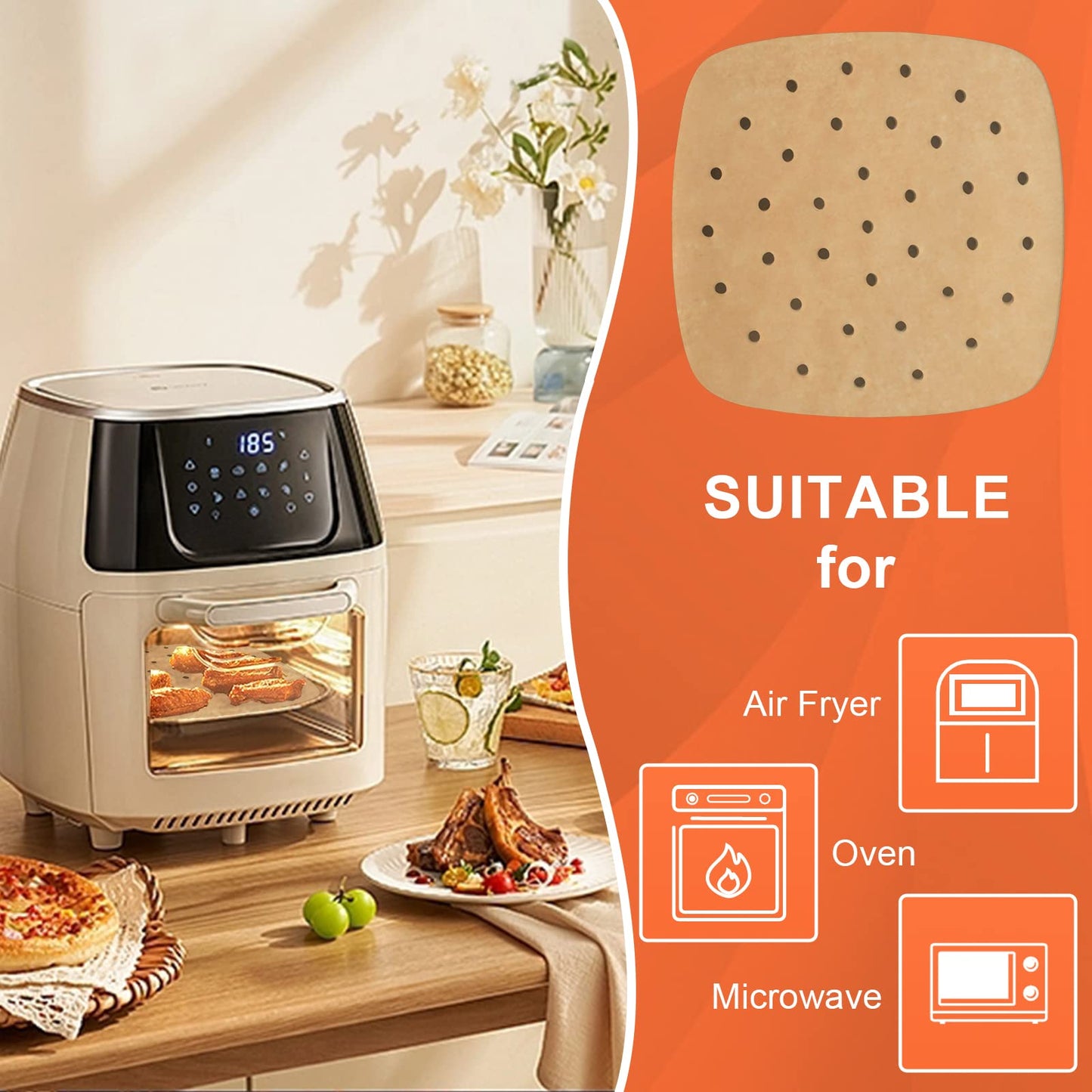 Numola 100 Pcs Air Fryer Liners Disposable Parchment Paper, 9 Inch Perforated Airfryer Sheets for Baking, Square Unbleached Non-Stick Steamer Liner for Oven, Microwave, Steaming Basket