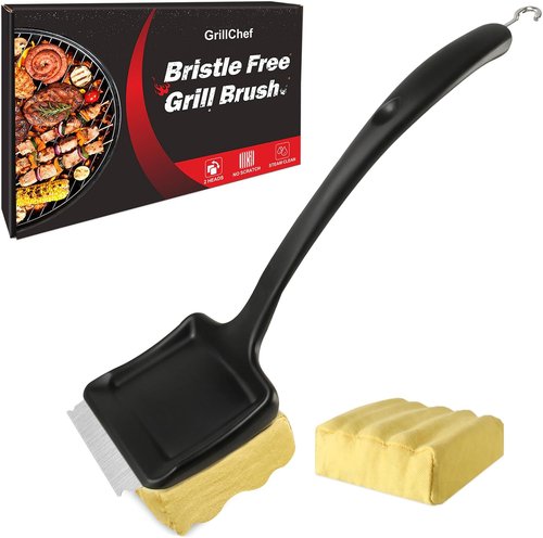 GrillChef BBQ Grill Brush - Bristle-Free Cleaner with Replacement Wavy Head | 18-Inch Long Handle