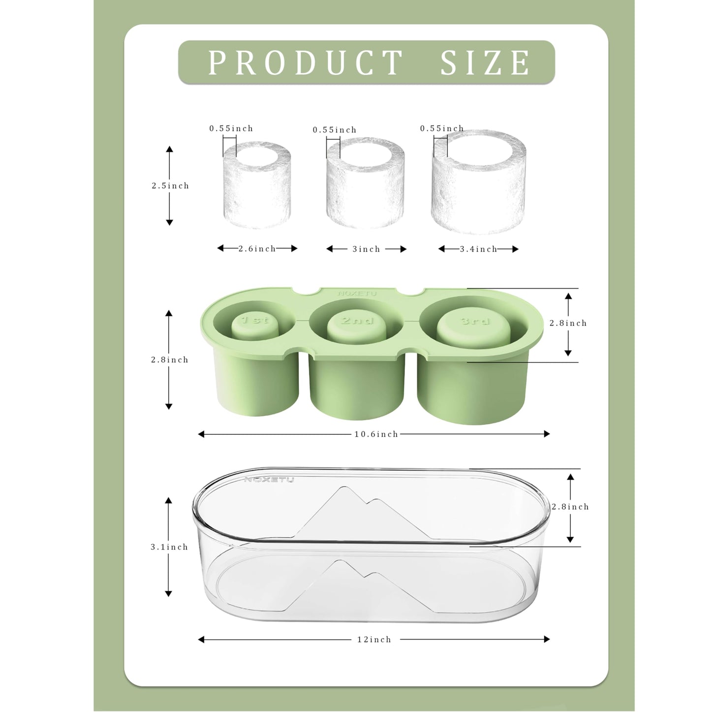 NOXETU Ice Mold for Stanley Cup 30/40 Oz - Easy Fill and Release Without Touching Ice, Silicone Ice Cube Tray with Clear Lid and Bin for Freezer, Whiskey, Cocktail (Green)