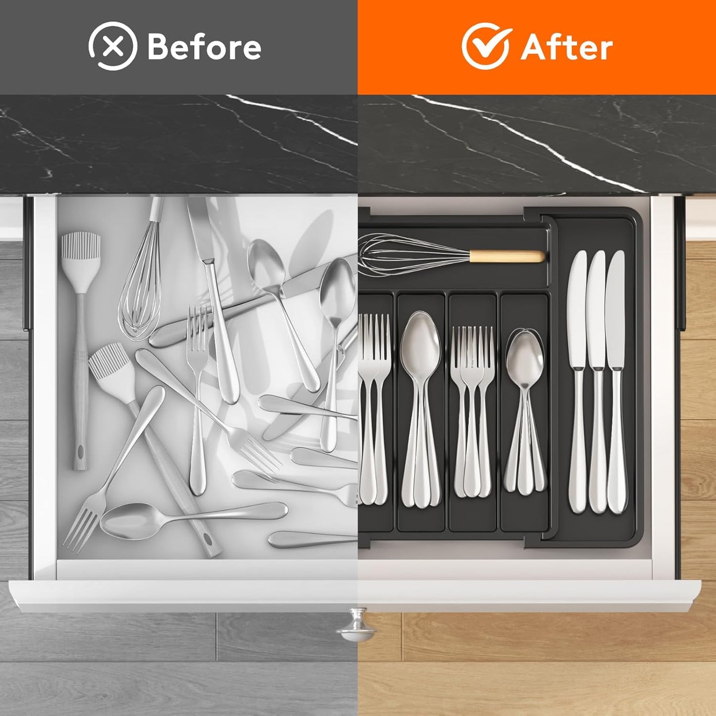 Lifewit Expandable Silverware Organizer - BPA-Free Plastic Utensil Tray for Kitchen Drawers | Black, 8.5-14 x 12 x 1.5 Inch