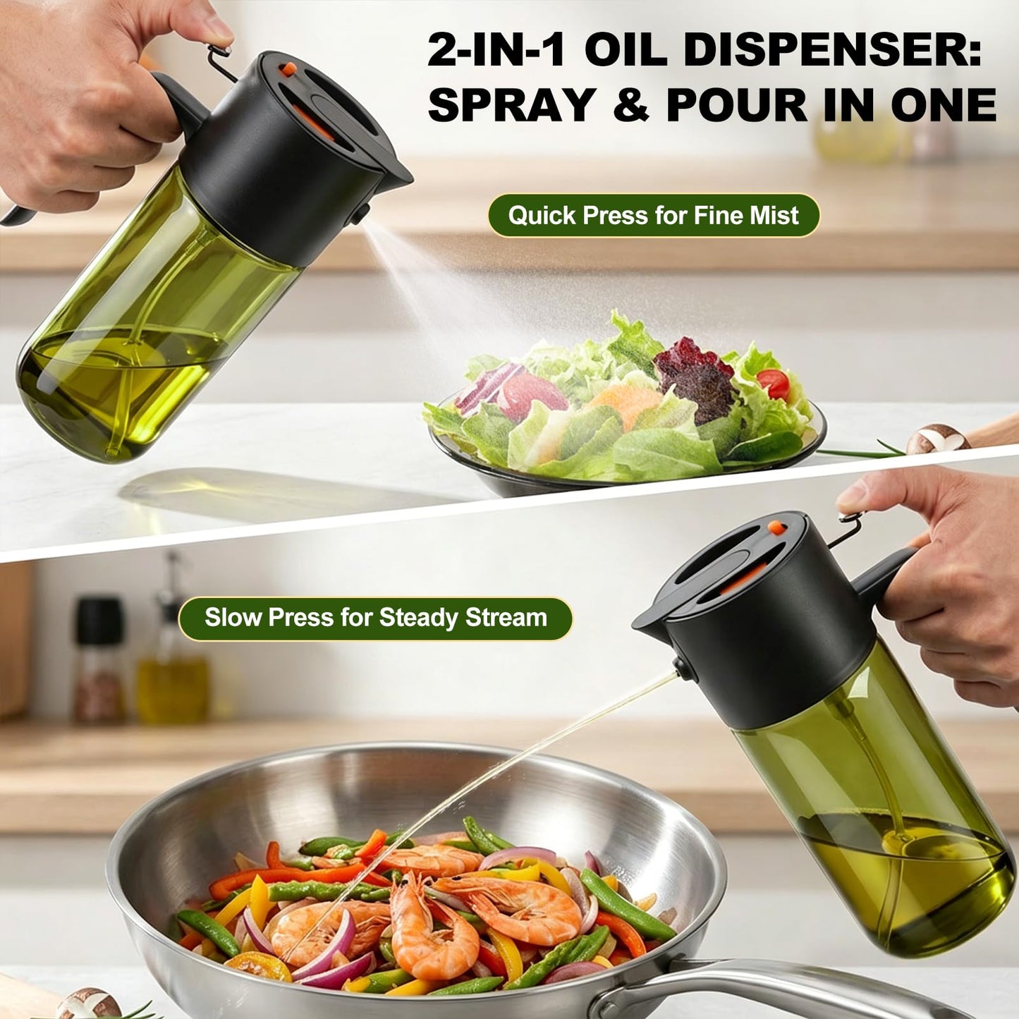 2-IN-1 500ml/17oz Light-Blocking Dark Oil Sprayer for Cooking with Sticker, Dark Green Glass Olive Oil Dispenser Bottle for Kitchen, Even Spray with Portion Control, Perfect for Air Fryer, BBQ - Black