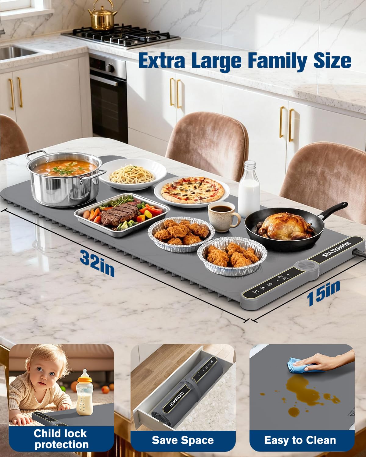 HomeElves Food Warming Mat Extra Large, Rapid Heating Electric Warming Tray with 9 Temp Setting and 6 Hours Timer,Foldable Warming Trays for Food, Portable Food Warmers for Parties Buffet, Gray