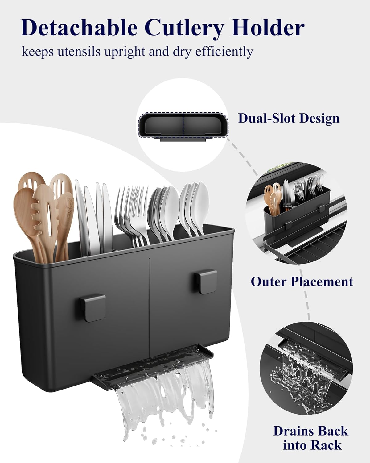 Kitsure Dish Drying Rack - Multi-Functional Kitchen Counter Rack with Cutlery Holder | Rust-Proof, 15.7" x 12" x 5.5", Black
