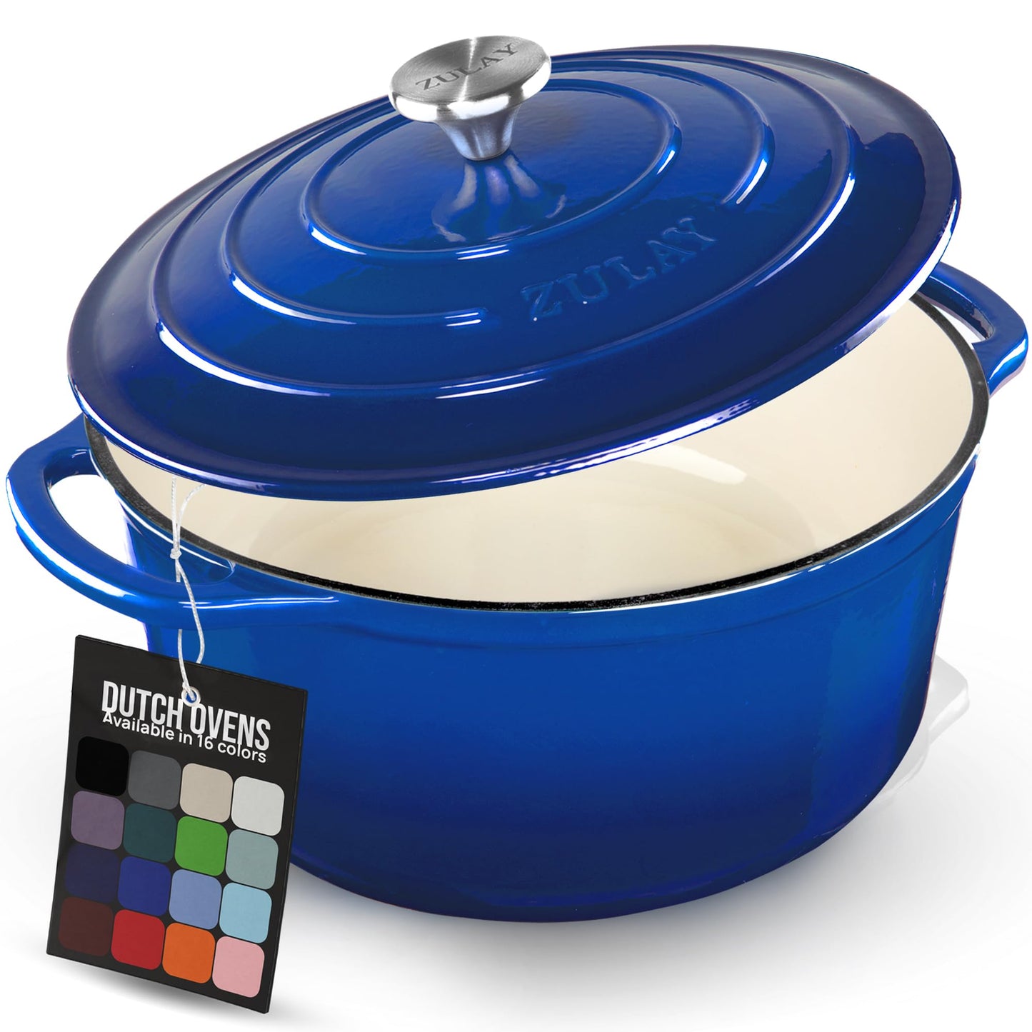 Zulay Kitchen 6 Quart Enameled Cast Iron Dutch Oven Pot with Lid – Premium Durability & Oven Safe up to 500°F – Heavy Duty Cookware Perfect for Bread Baking, Stews, Braising & Roasting - Blue