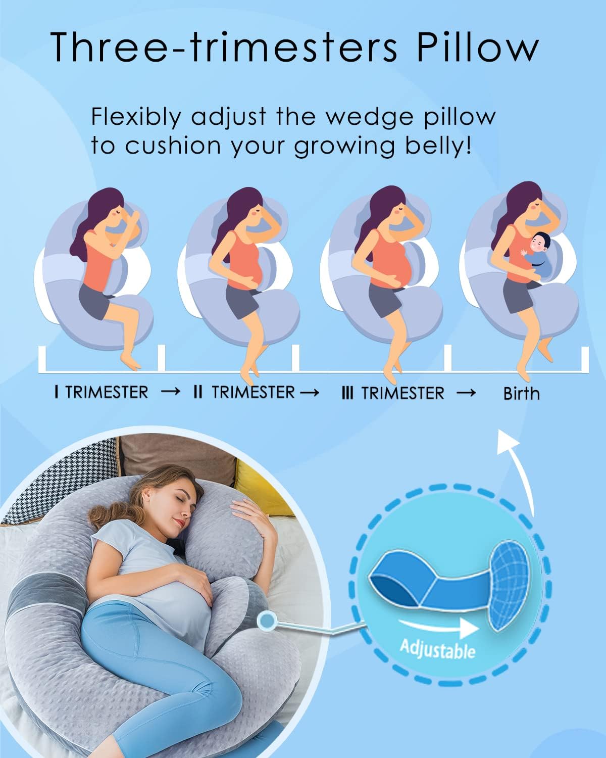 Queen Rose E-Shaped Pregnancy Pillow - Adjustable Full Body Maternity Support, 60 Inch, Grey Velvet Cover