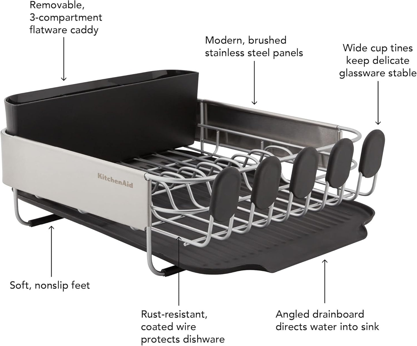KitchenAid Dish Rack - Compact & Space-Saving Design with Removable Flatware Caddy | 16.06-Inch, Black
