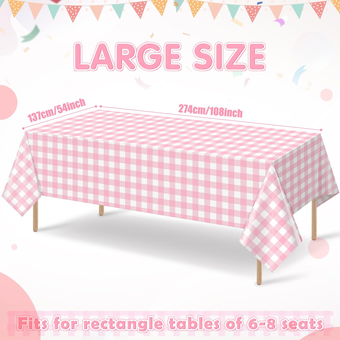 YIDAKO 3pcs 54X108inch Pink Checkered Tablecloth,Pink Gingham Tablecloths Buffalo Plaid Disposable Plastic Table Covers for Birthday Baby Shower Bridal Wedding Party Birthday Decorations