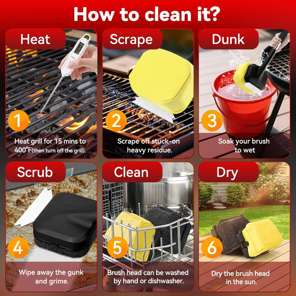 Skiennix Grill Brush - Bristle-Free BBQ Cleaner with Durable Scraper for Cast Iron & Stainless Steel Grates | 2 Replaceable Brushes, Perfect Gift for Men & Dads
