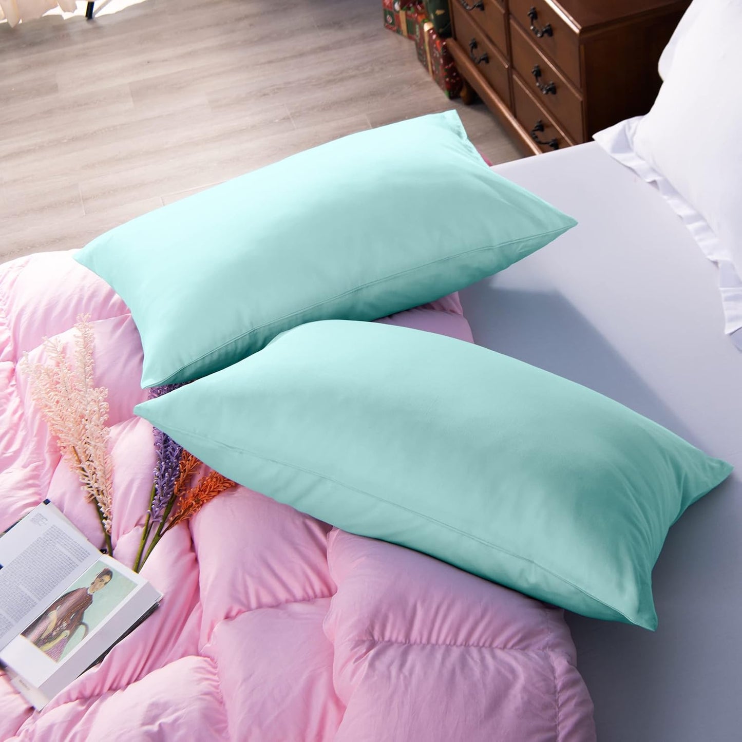 NTBAY Egyptian Cotton Pillowcases - Soft & Breathable 500 Thread Count | Set of 2, Aqua 20x30
