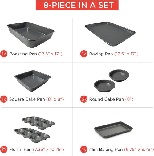 Elbee Home Nonstick Baking Set - 8-Piece Aluminized Steel with Deep Roasting Pan & Cookie Sheet | PFOA & PFOS Free